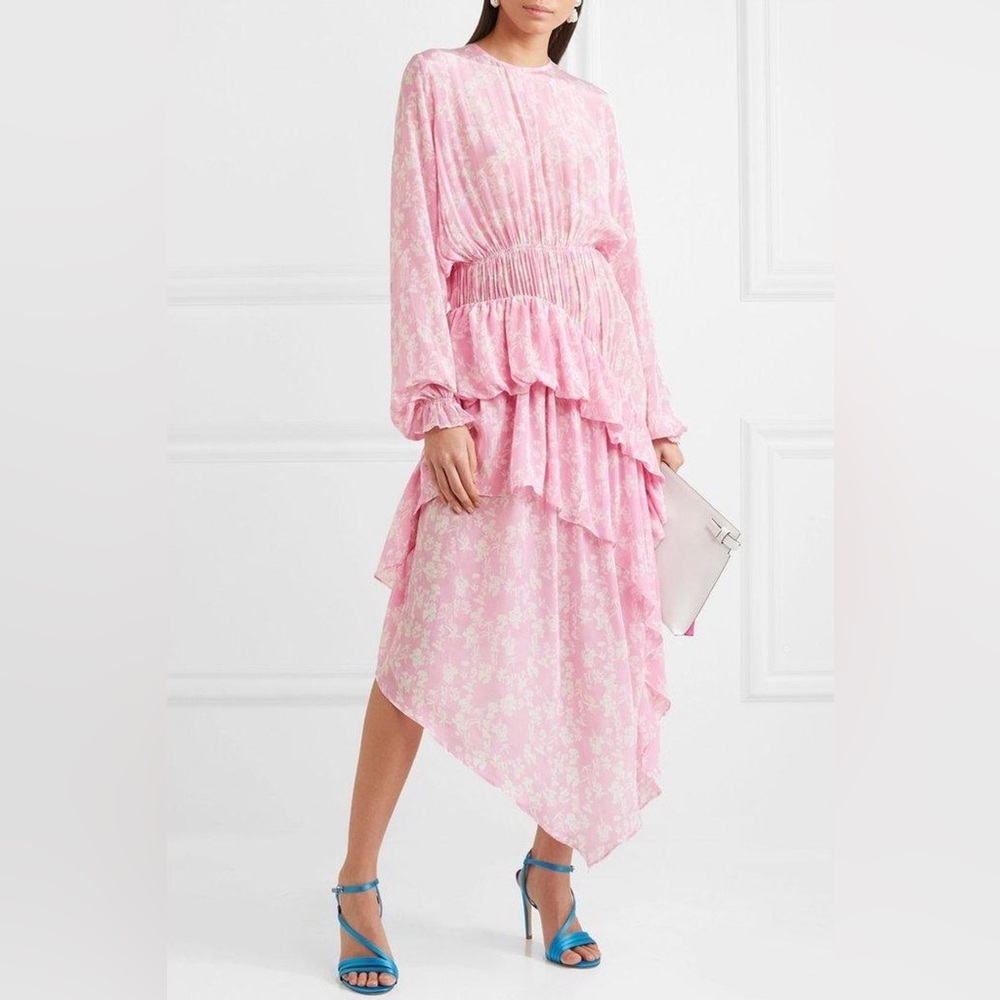 Preen Line Eden Asymmetric Pink Ruffled Floral-print Crepe de Chine Dress Size L